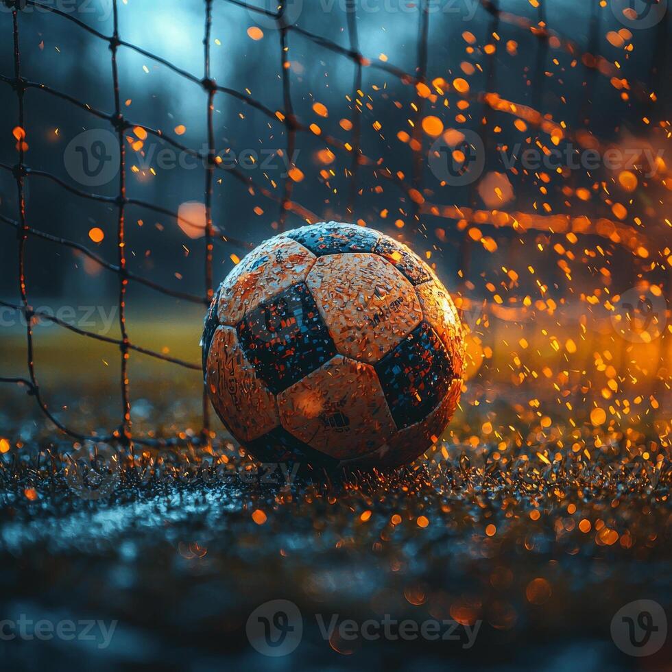soccer ball splashes through water near goal, creating dynamic scene filled with energy and excitement. vibrant colors and droplets enhance dramatic atmosphere photo