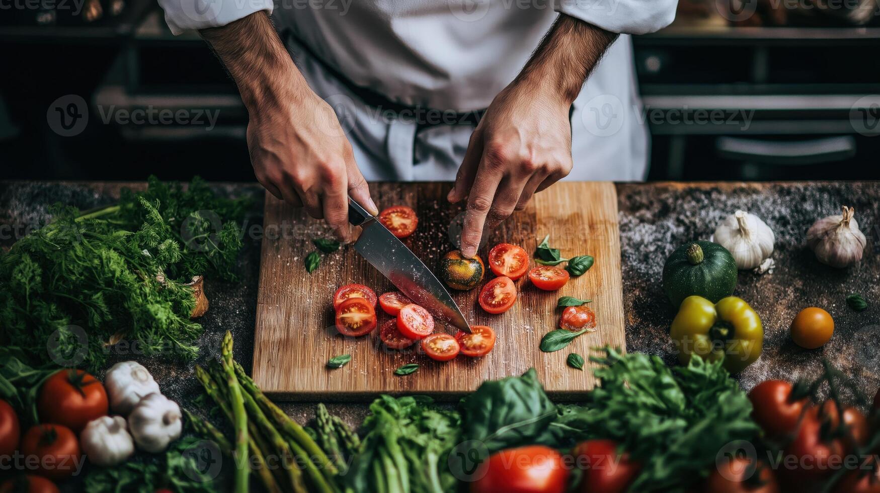 chef's hands holding a knife and slicing a tomato on a wooden cutting board. The chef is wearing a white chef's apron and is in the process of preparing a meal photo