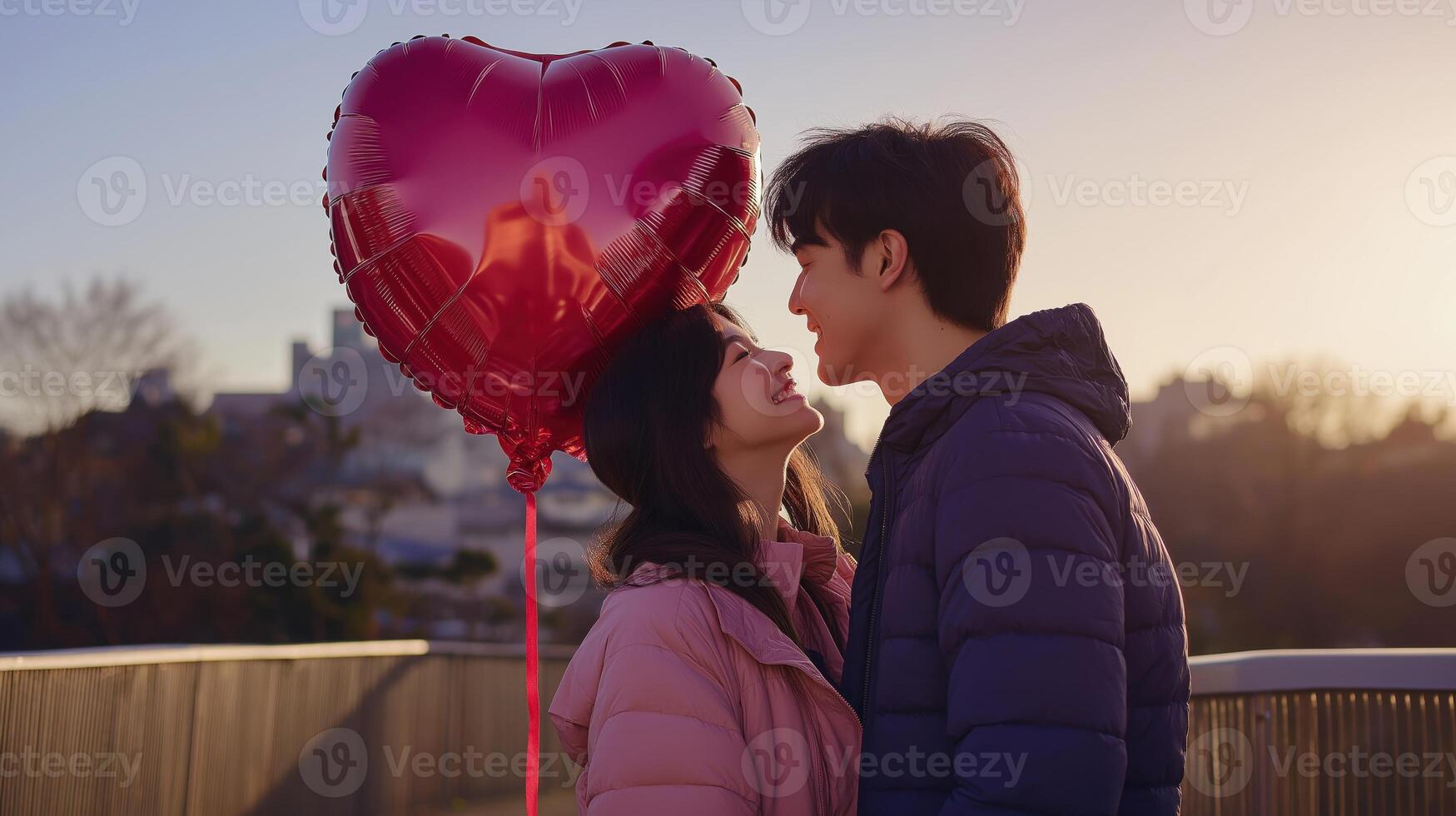 young asian couple standing on a bridge with a large red heart-shaped balloon in front of them. The man is on the right side of the image, leaning in to kiss the woman on the left side photo