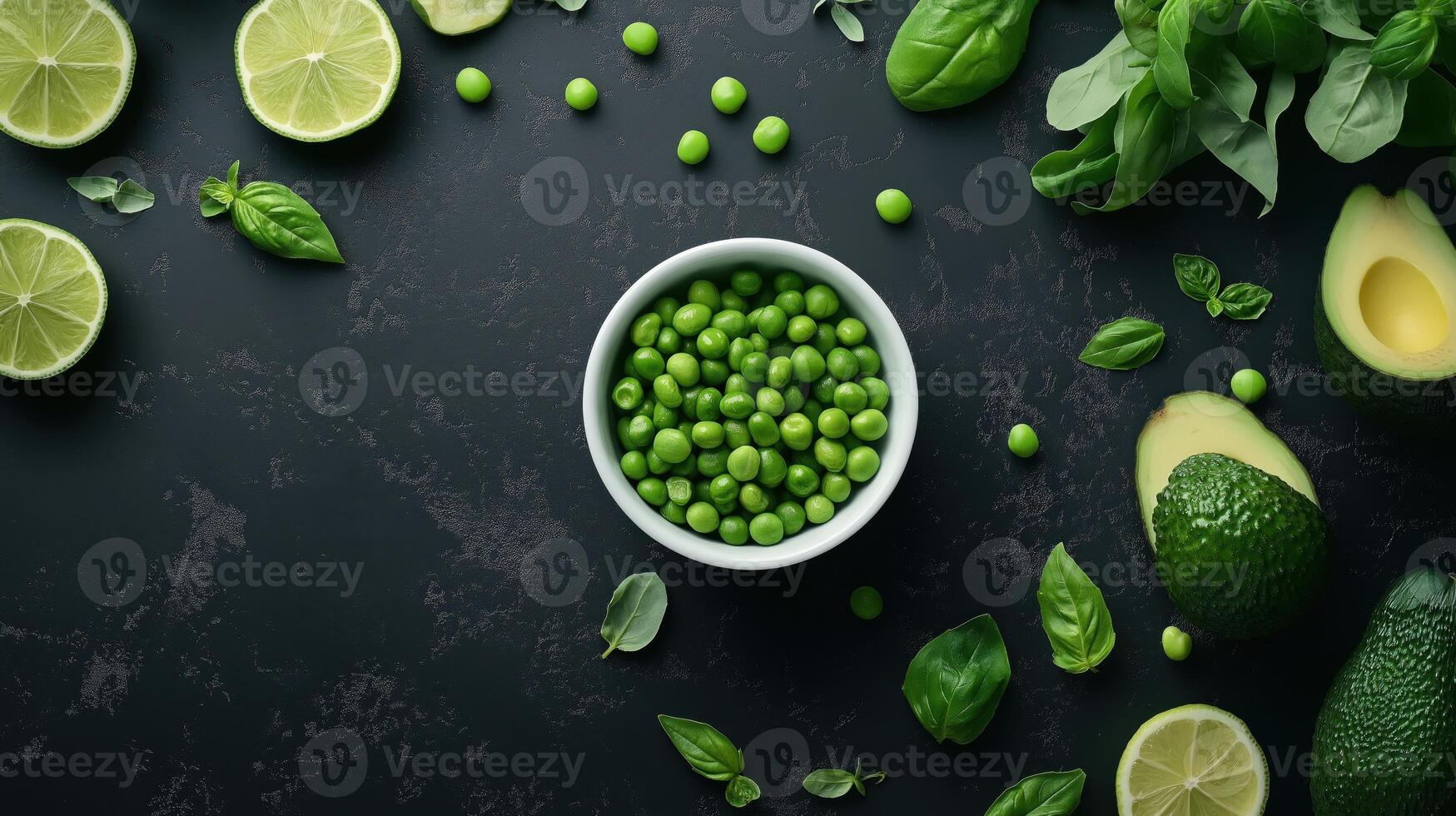 flat lay of various fresh vegetables and fruits arranged on a dark grey background. There are a variety of vegetables such as broccoli, cucumbers, limes, avocado, and basil leave photo