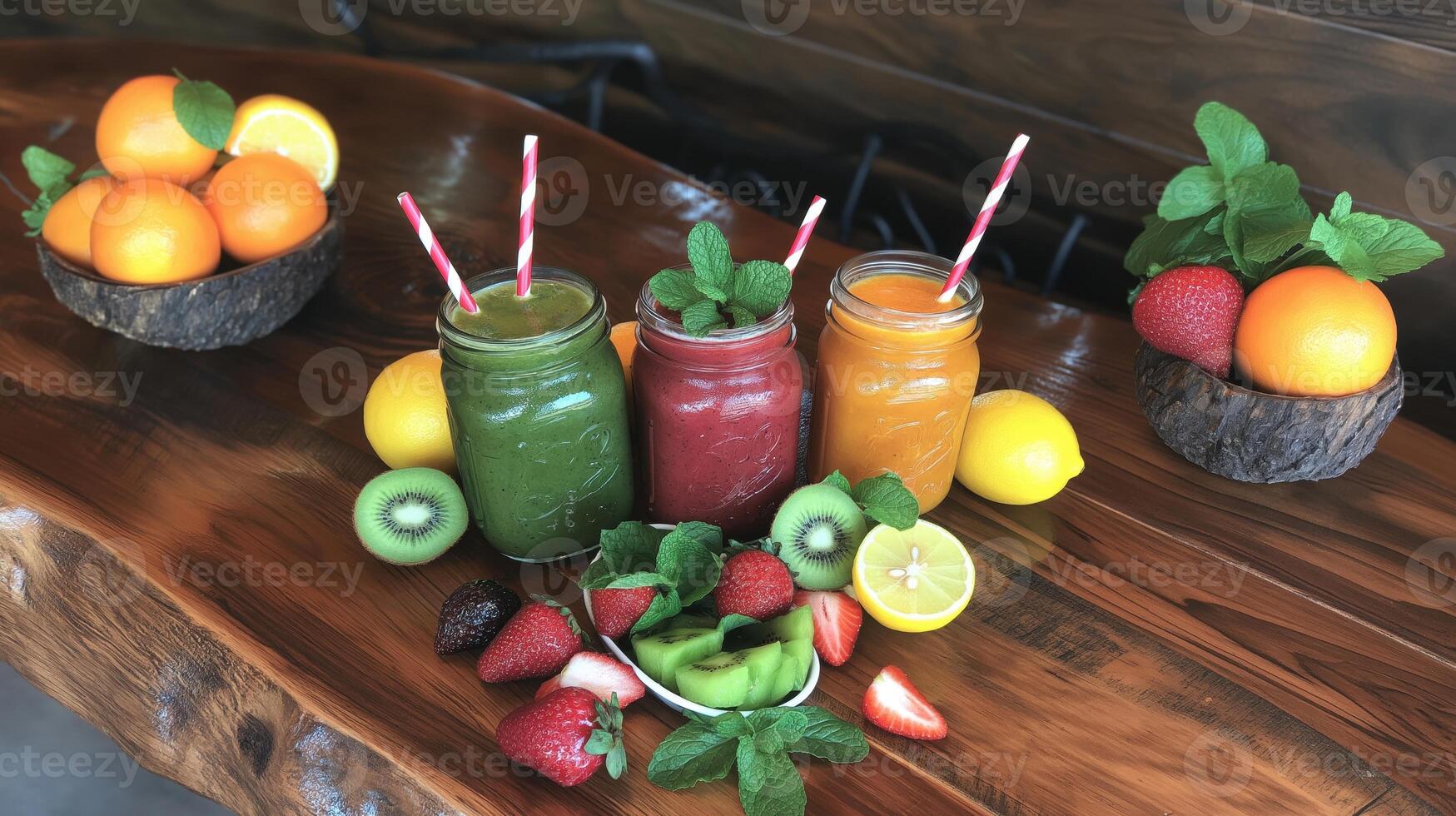 three mason jars filled with different types of smoothies on a wooden table. The jars are of different colors - one is green, one is red, and one is orange photo
