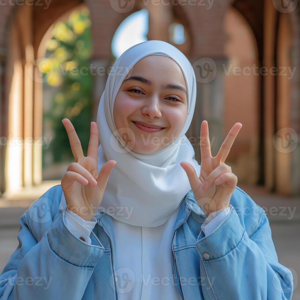 portrait of a young woman wearing a white hijab and a blue jacket. She is standing in front of a brick building with arches and a tree in the background. photo
