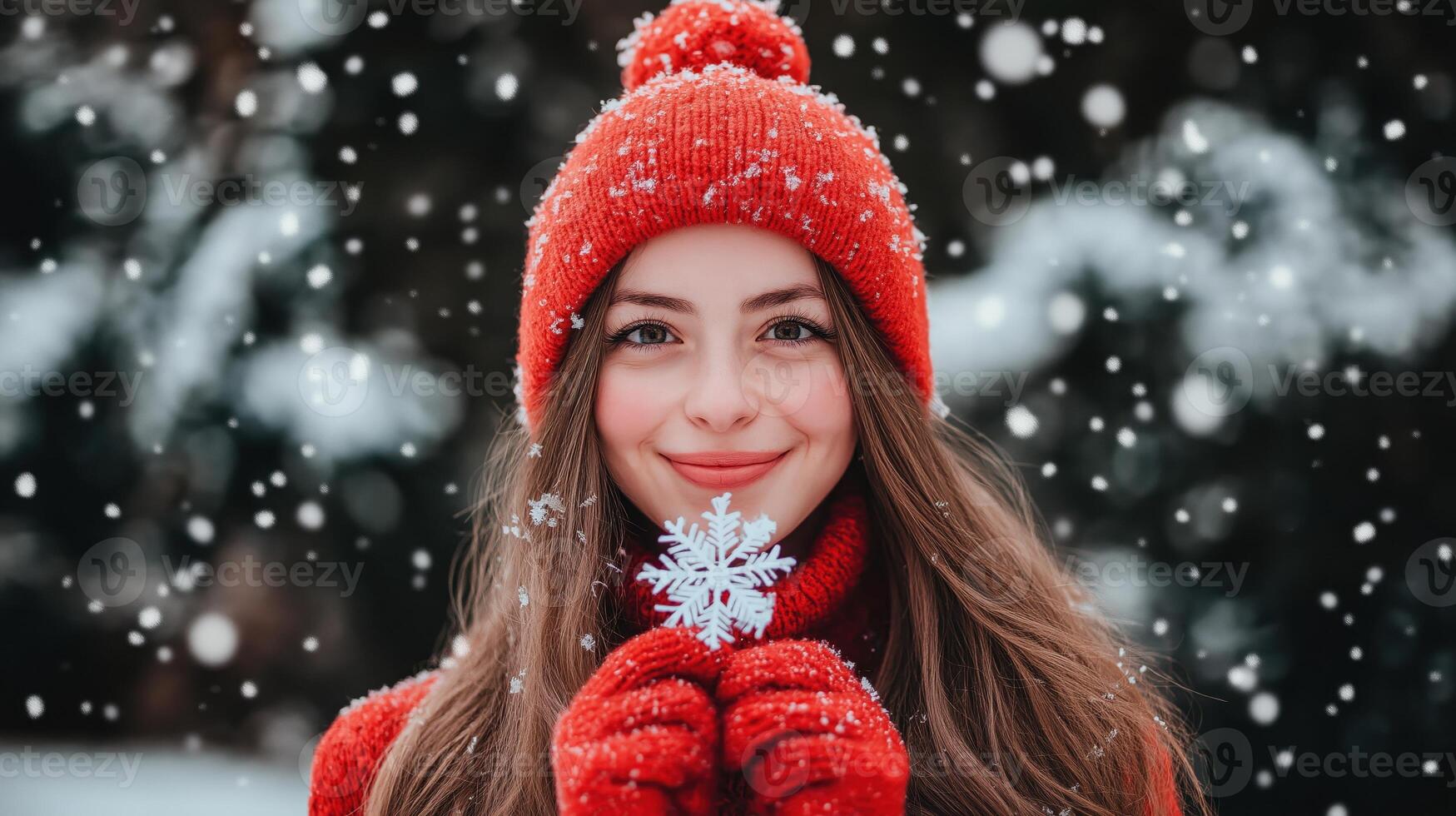 portrait of a young woman in a winter scene. She is wearing a red knitted hat with a pom-pom on top and a red scarf around her neck. She has long brown hair and is smiling at the camera photo