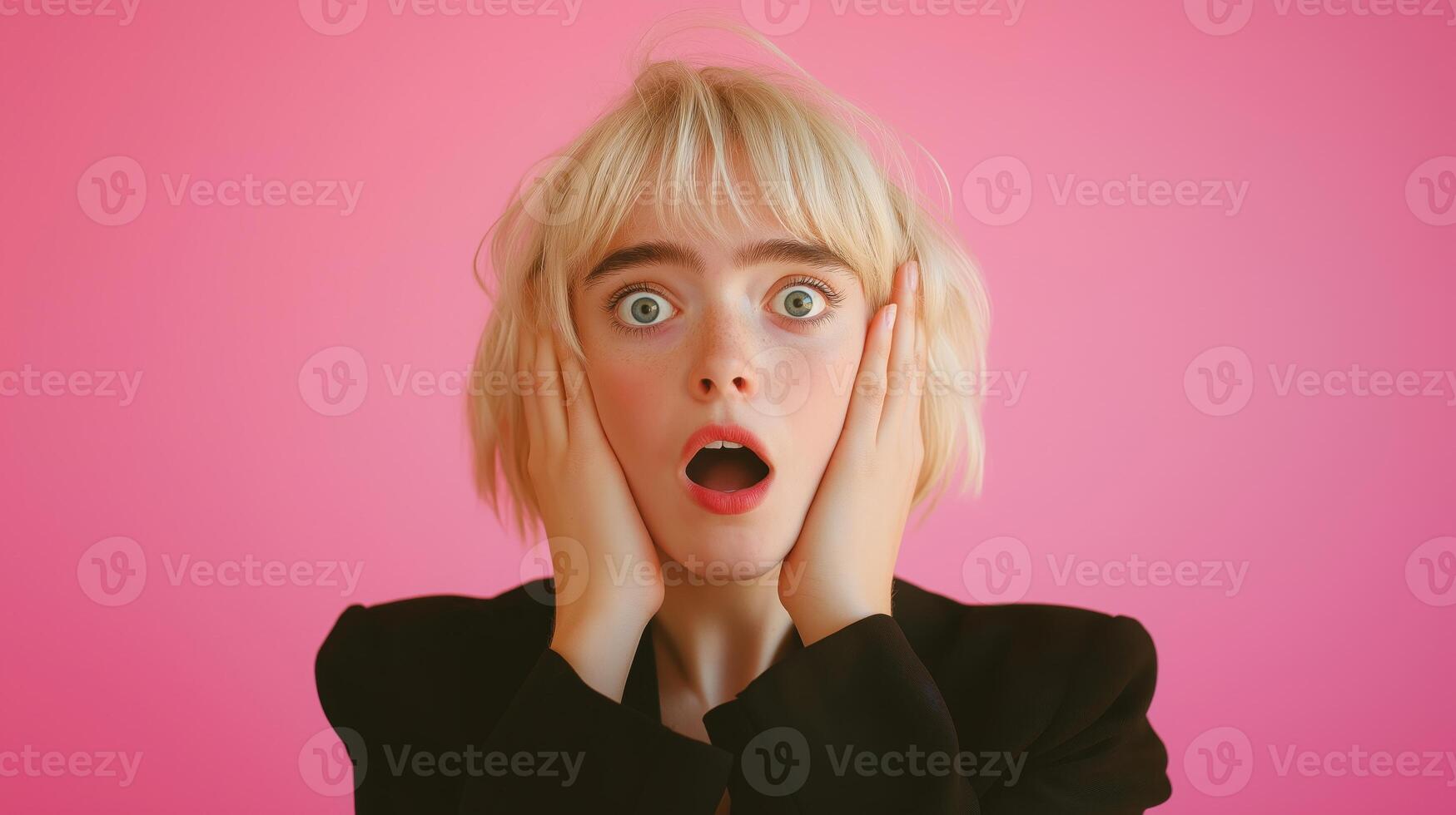 close-up portrait of a young woman with blonde hair. She is wearing a black blazer and has a surprised or shocked expression on her face. photo