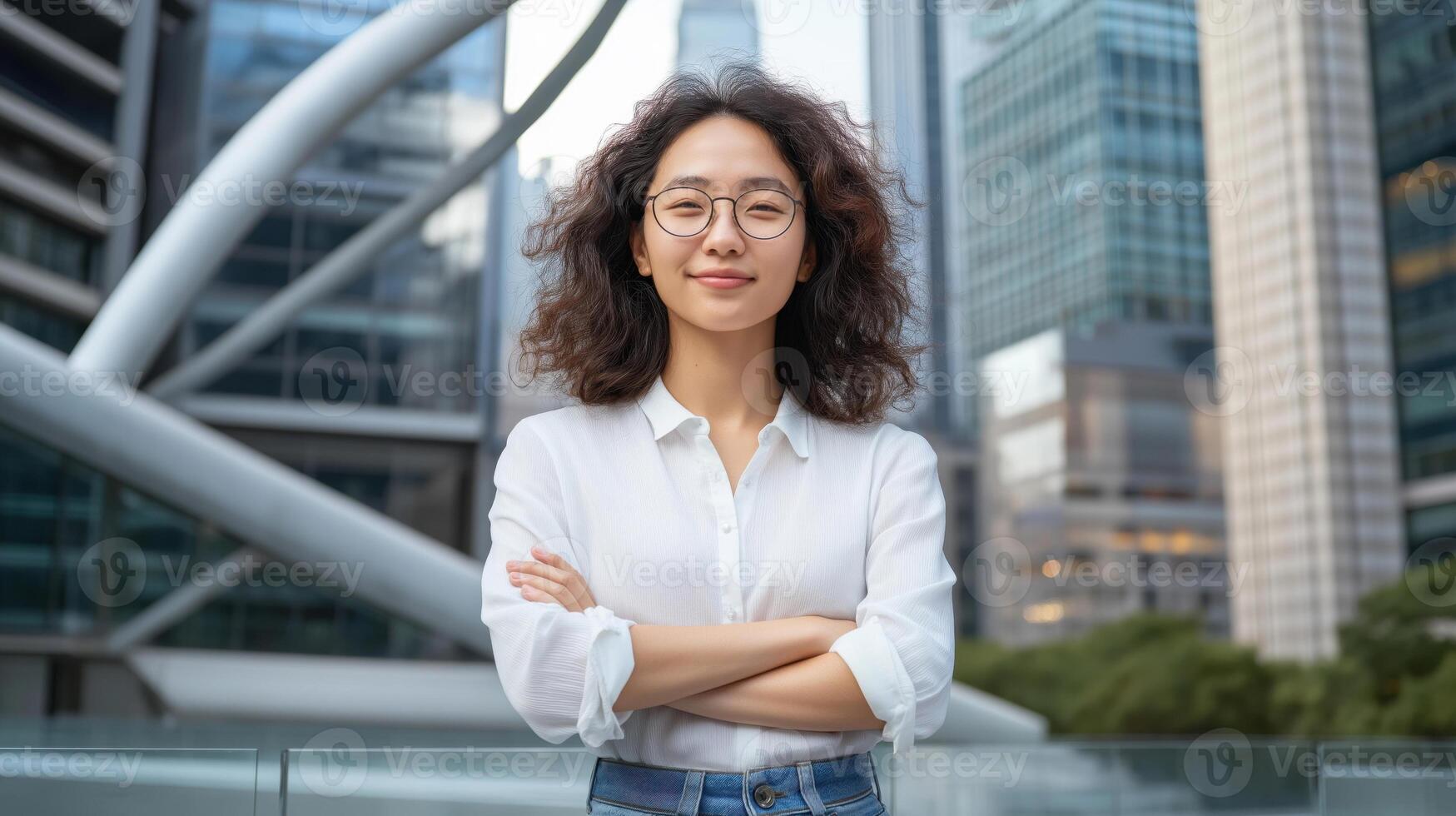 portrait of a young Asian woman with curly hair and glasses. She is standing in front of a modern building with her arms crossed and is smiling at the camera photo