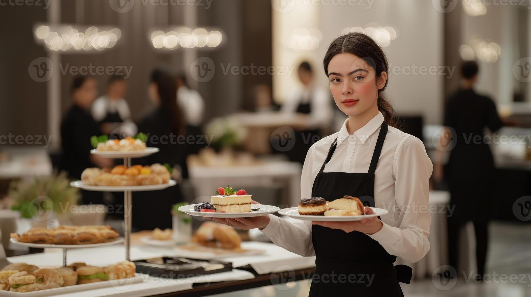 waitress holding two plates of food in her hands. She is wearing a white blouse and black apron and is standing in front of a table with other tables and chairs set up for a formal event photo