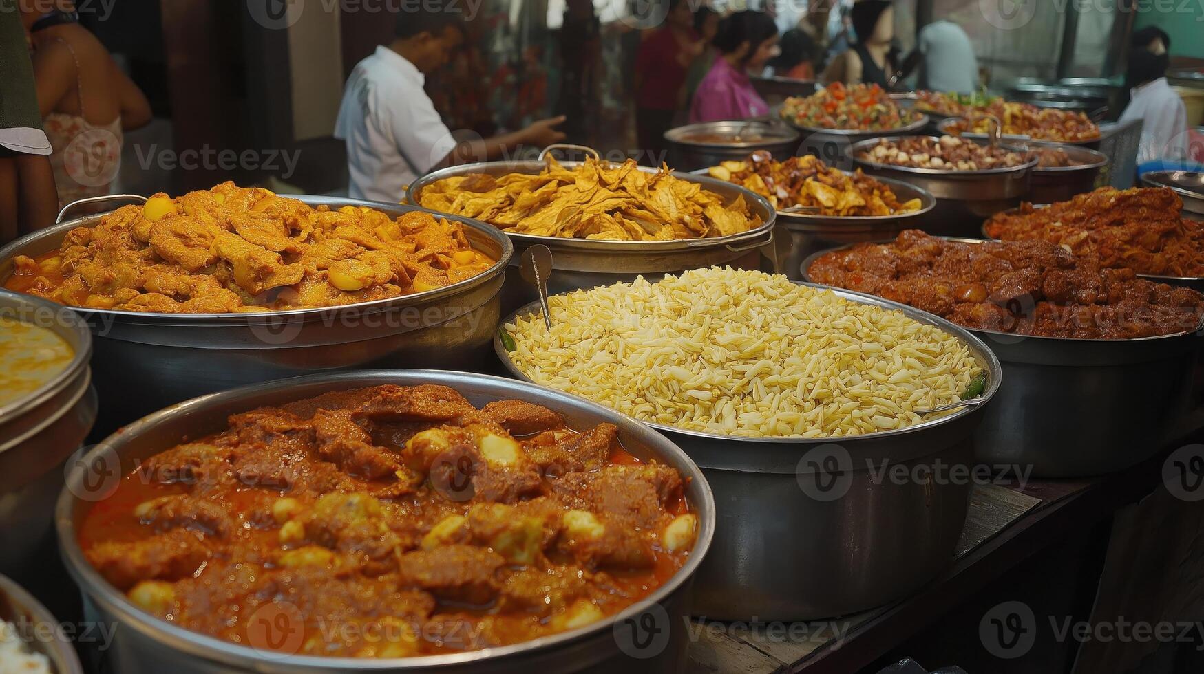 variety of Indian food items on display at a market stall. There are several large pots and pans filled with different types of food, including curry, meat, and vegetables photo