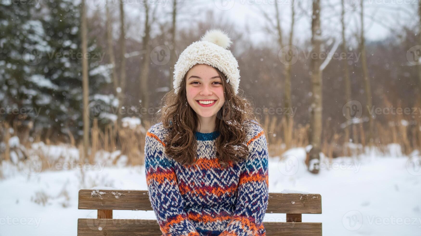 portrait of a young woman sitting on a wooden bench in a snowy landscape. She is wearing a colorful sweater with a geometric pattern and a white fur hat with a furry pom-pom on top photo