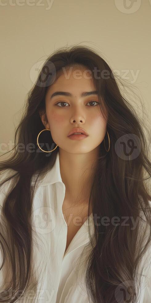 portrait of a young woman with long dark hair. She is wearing a white blouse and large gold hoop earrings. Her hair is styled in loose waves and falls over her shoulders. photo