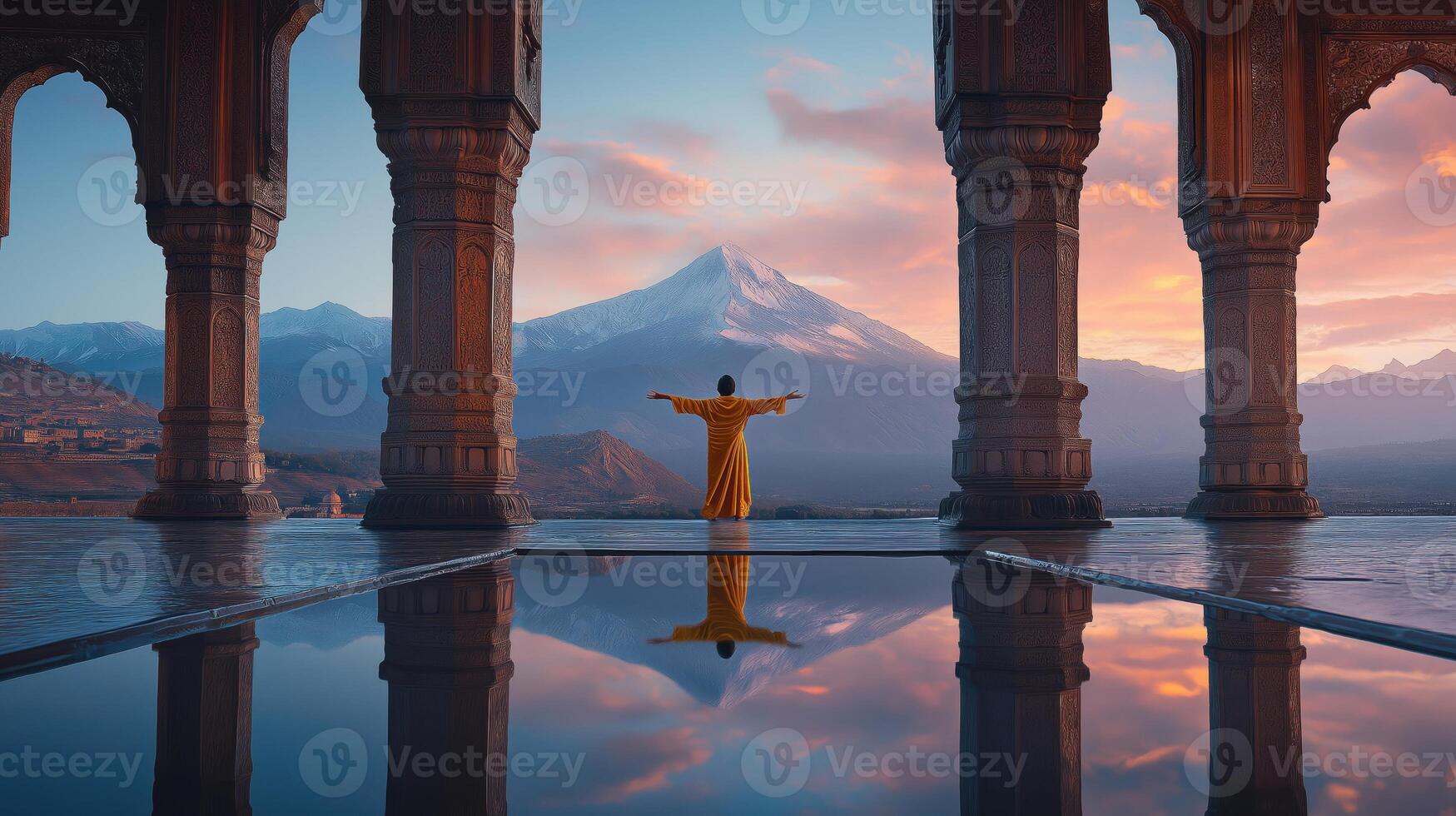 person standing in front of two tall, ornate pillars with intricate carvings on them. The pillars are made of stone and are reflected in the water below photo