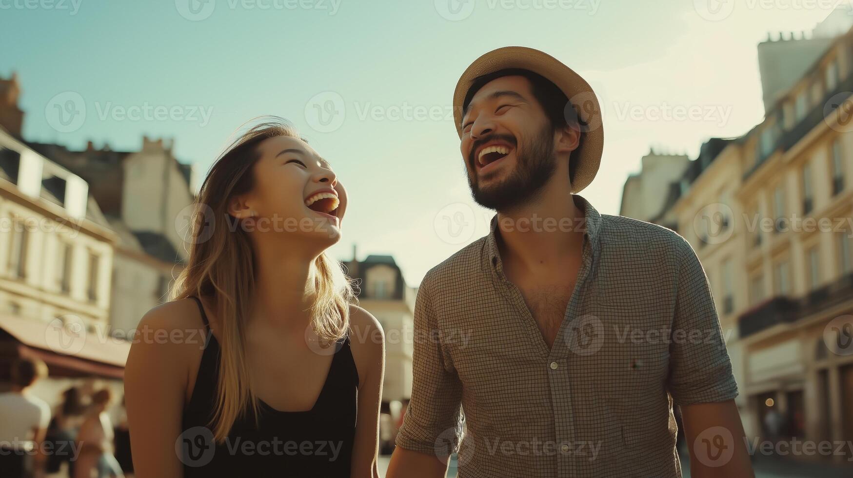 young couple holding hands and laughing in a square in a European city. The couple is standing close together photo