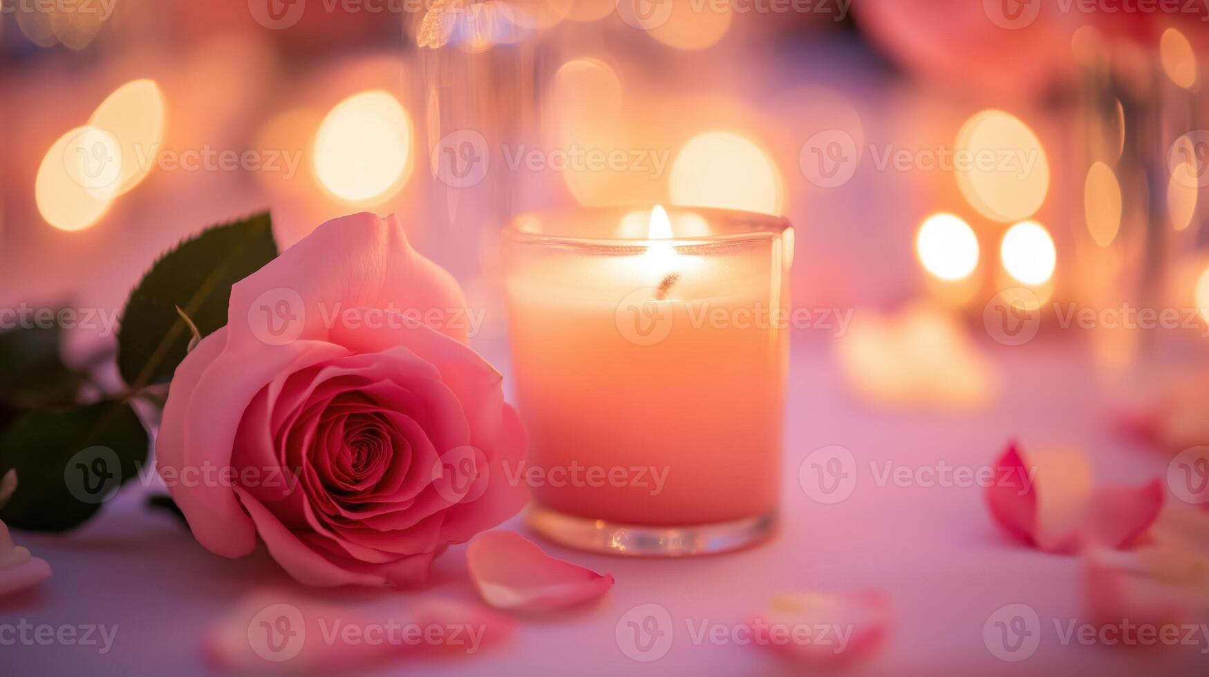 close-up of a pink candle with a single rose on the left side. The candle is in the center of the image and is lit, casting a warm glow on the surrounding area photo