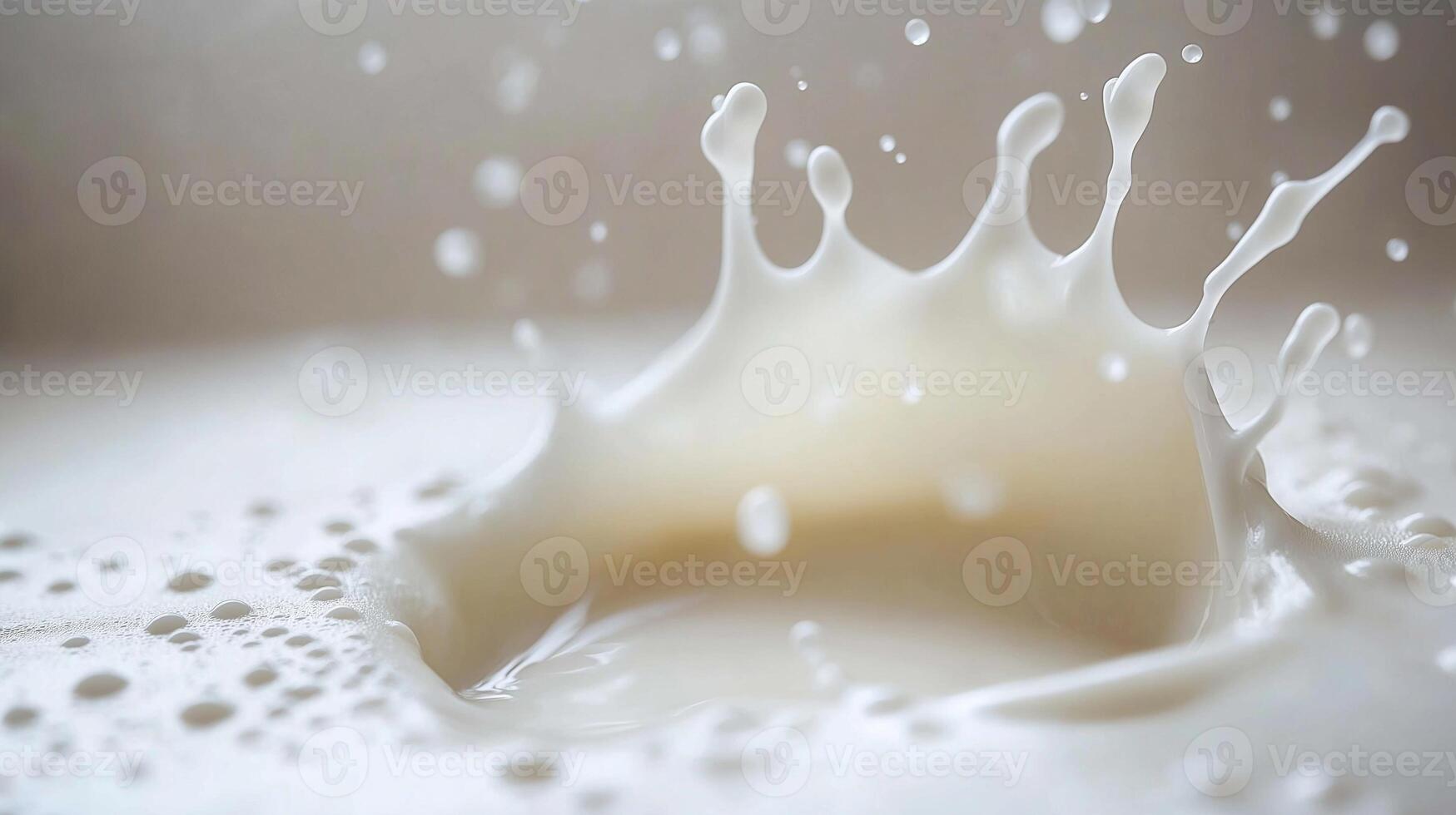 close-up of a splash of milk. The milk is white and appears to be in motion, with droplets of milk falling from the top right corner of the image photo