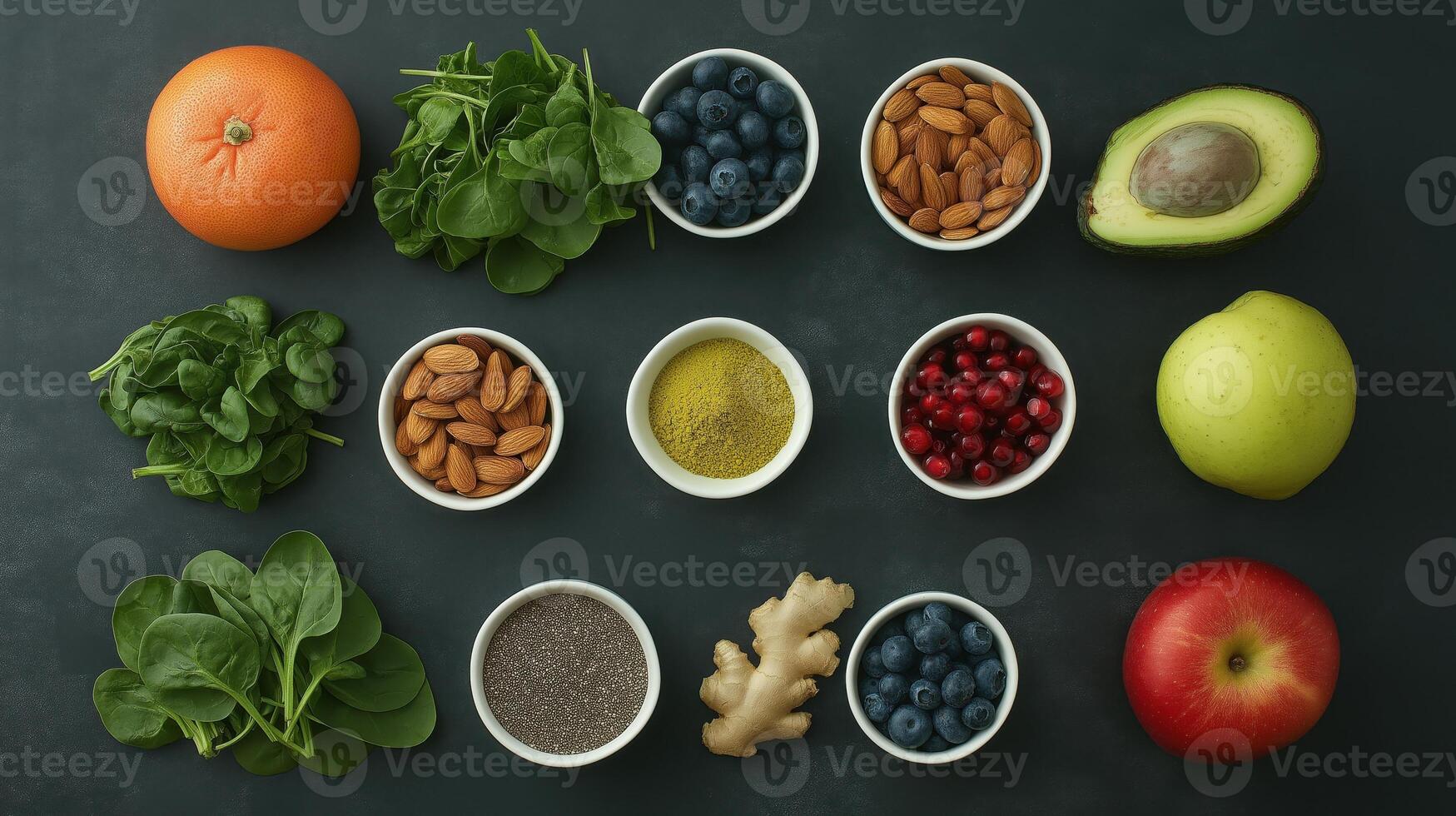 lay of various fruits and vegetables arranged in a circular pattern on a dark grey background. There are nine bowls in total, each containing a different type of food photo