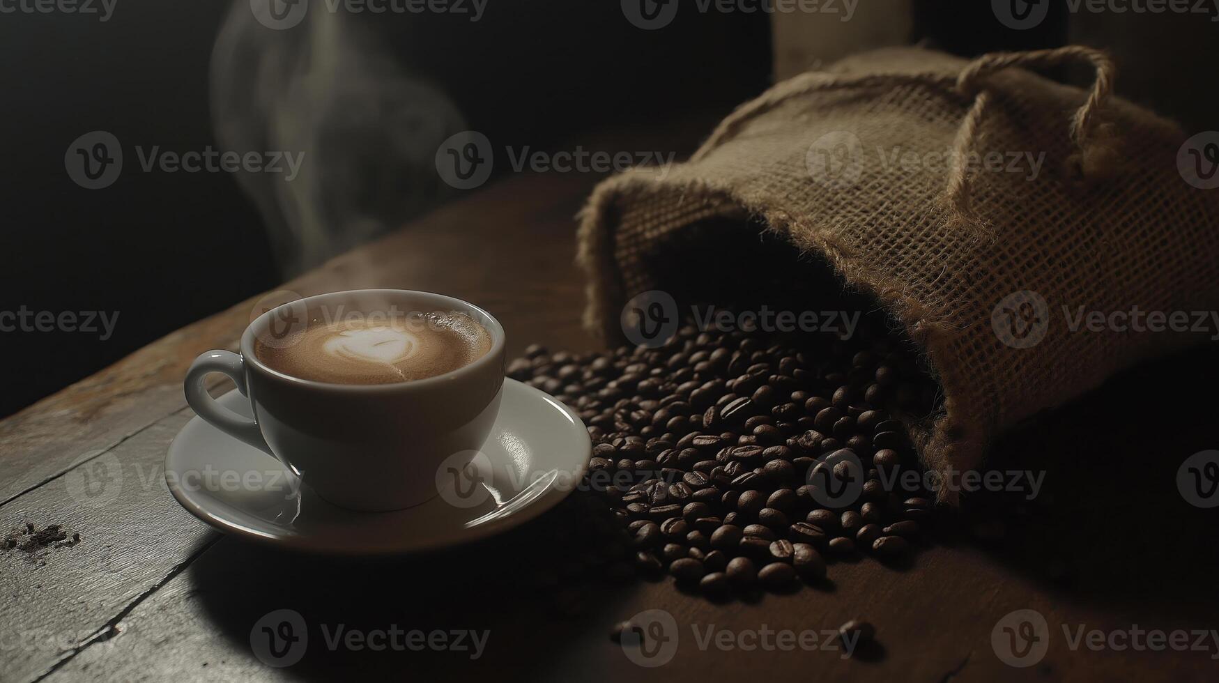 cup of coffee on a wooden table. The cup is white with a saucer and is placed on the left side of the table. On the right side, there is a burlap sack filled with coffee beans photo