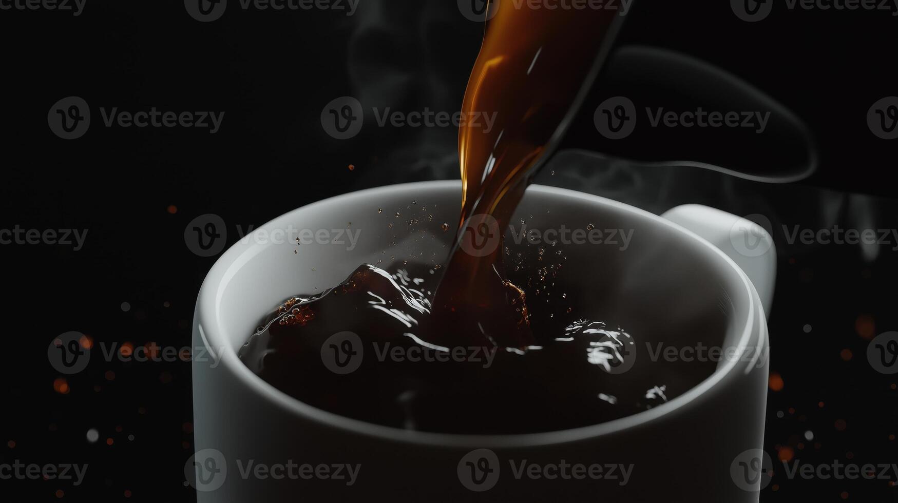 close-up of a white coffee cup with a handle on the left side. The cup is filled with a dark brown liquid, which appears to be coffee, and is being poured into it photo