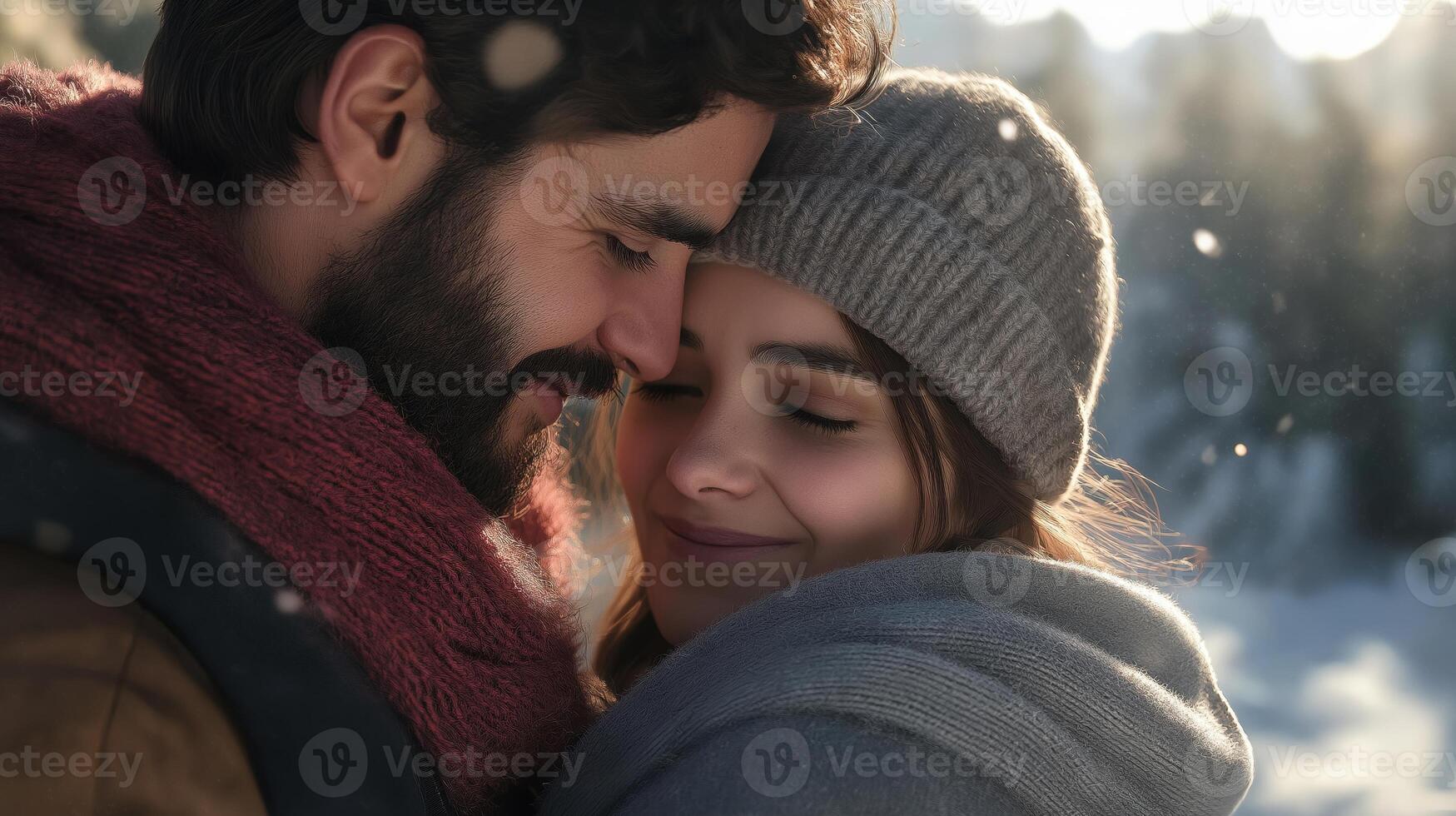 young couple in a romantic embrace. The man is on the left side of the image, wearing a red scarf around his neck. photo