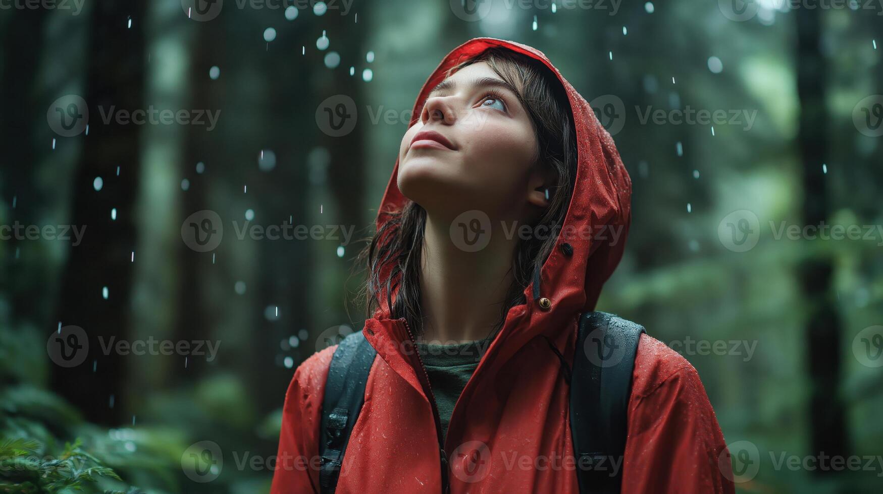 young woman wearing a red light raincoat with a hood, standing in a forest. She is looking up towards the sky with a peaceful expression on her face photo