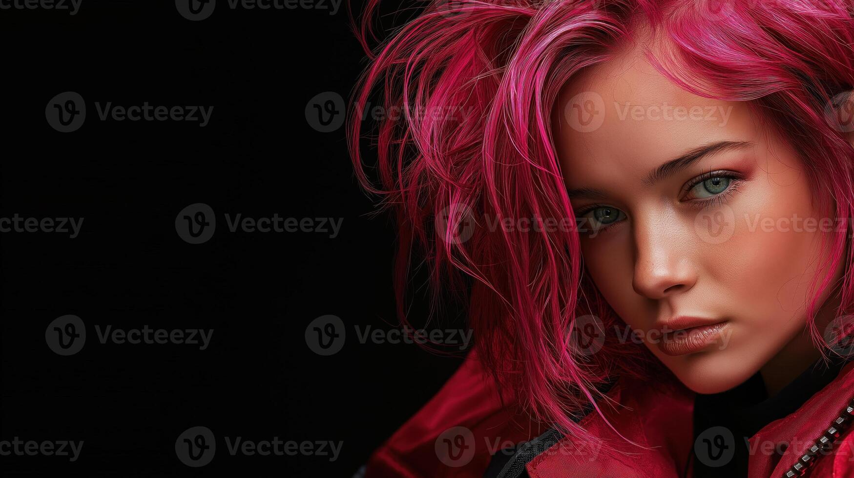 a close-up portrait of a young woman with bright pink hair. She is wearing a red jacket and has a serious expression on her face photo