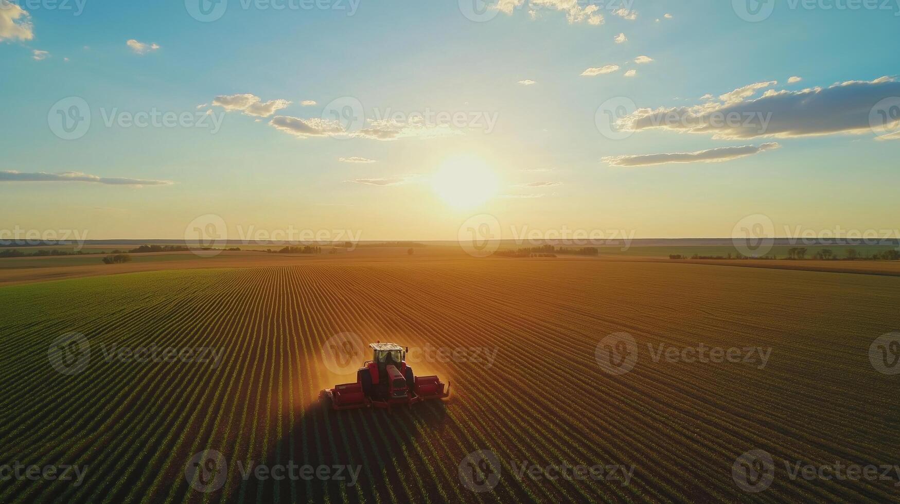 vast agricultural field with rows of green plants. The sky is blue with a few white clouds scattered across it. The sun is setting in the distance photo