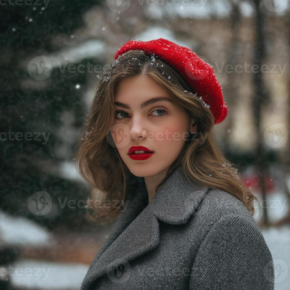 young woman wearing a red beret and a gray coat. She is standing in a snowy landscape photo