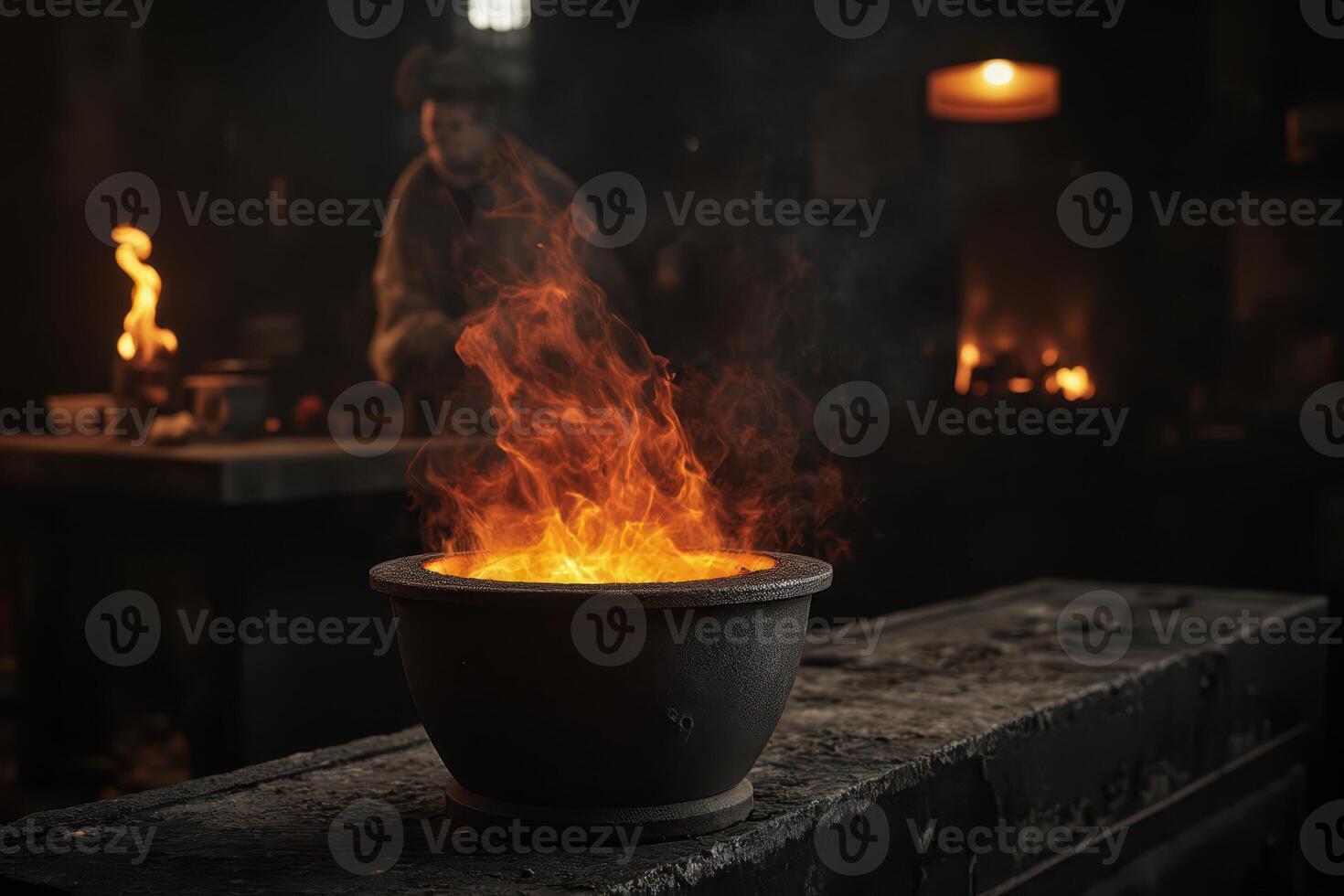 a pot of molten metal is on fire in a blacksmith's shop photo
