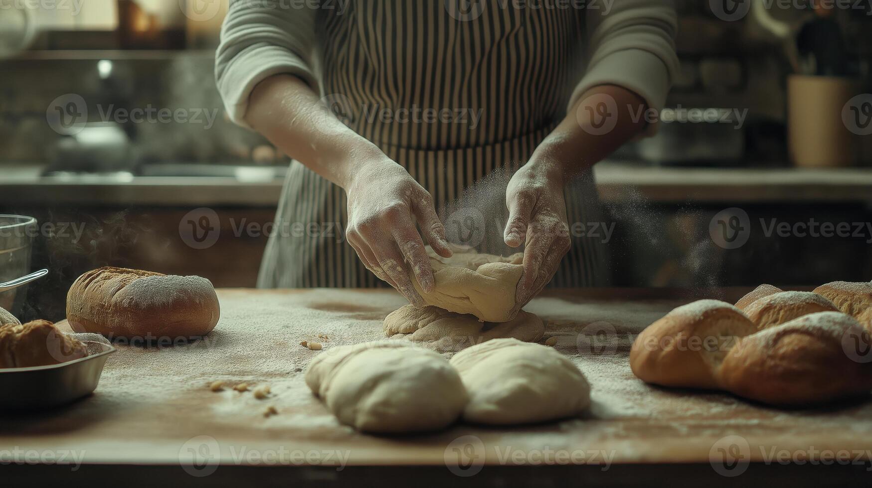 person's hands kneading dough on a wooden table in a kitchen photo