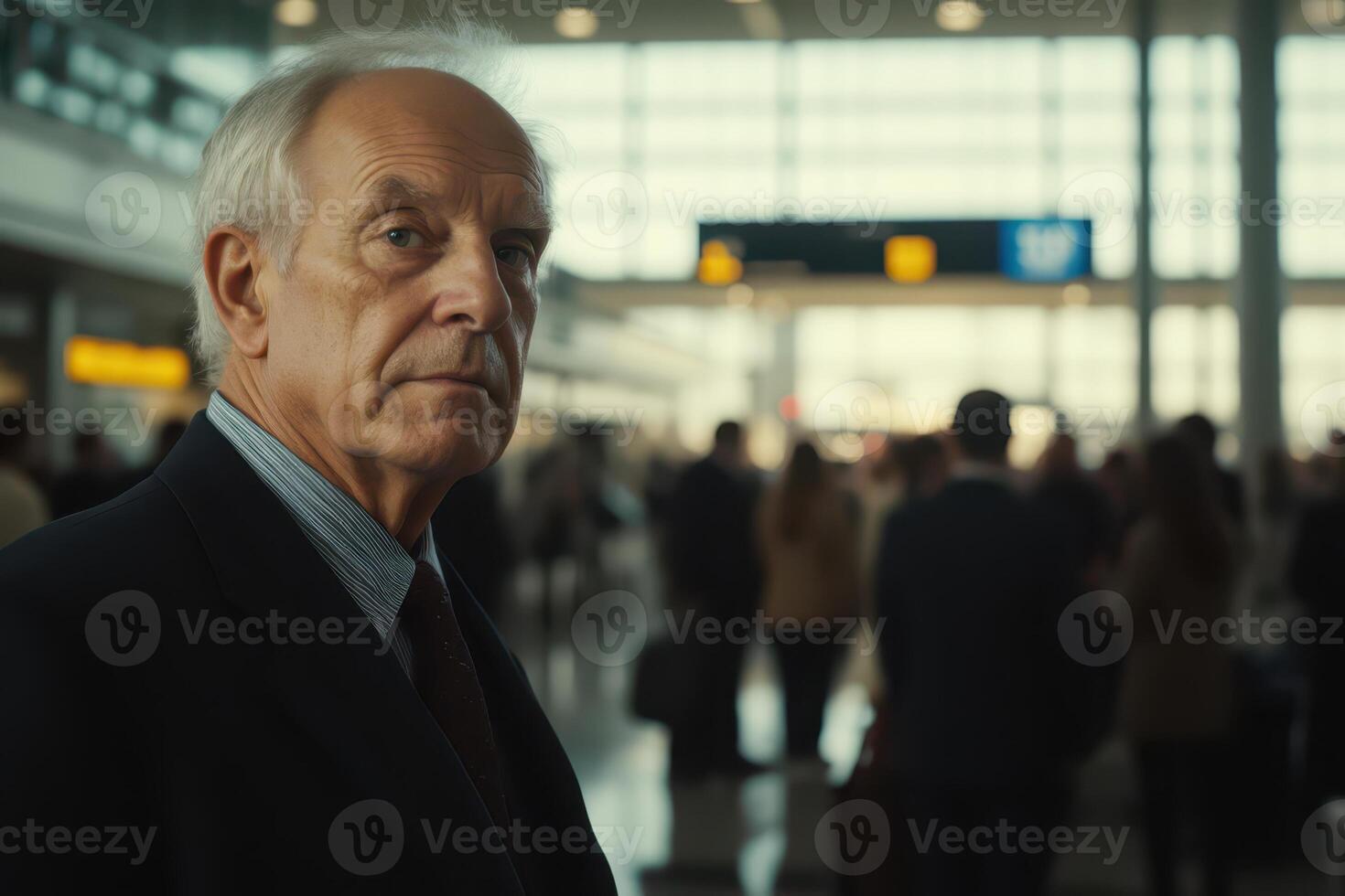 an older man standing in an airport photo