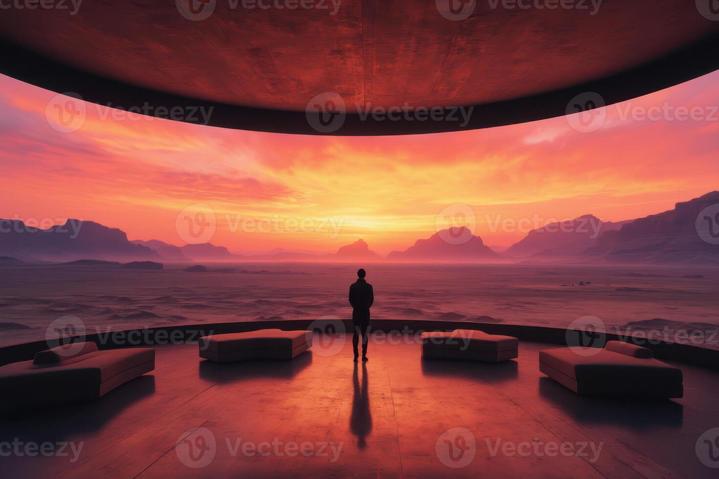 A man stands in front of a circular room with a sunset in the background photo