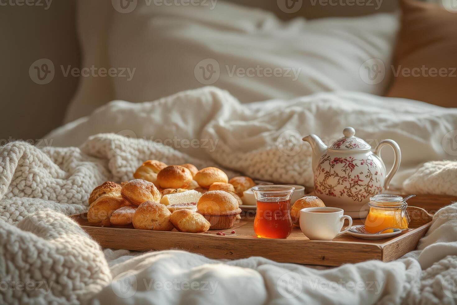 A tray of food on a bed photo