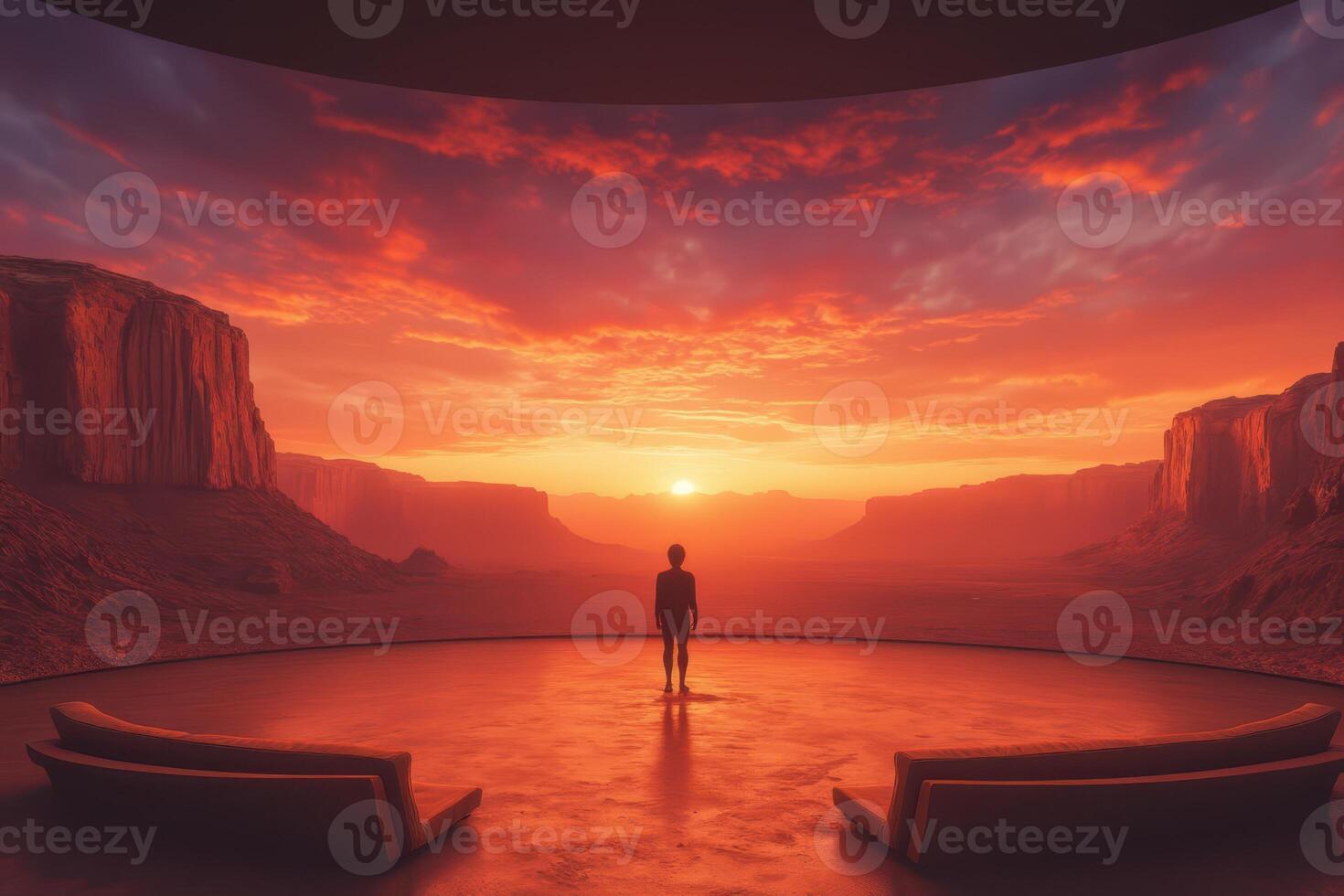 A man stands in front of a large room with a sunset in the background photo