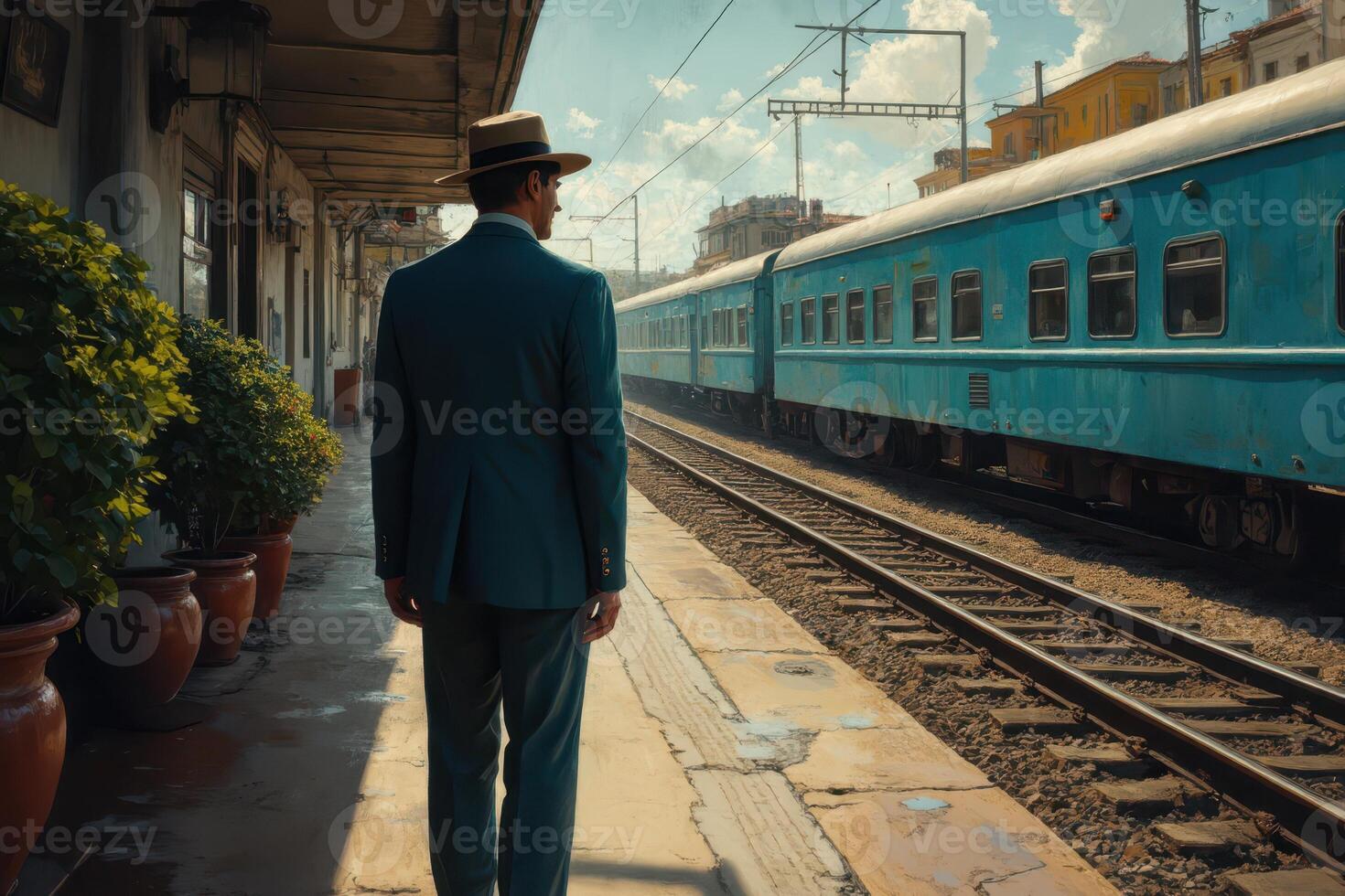 a man in a suit stands on the platform of a train photo