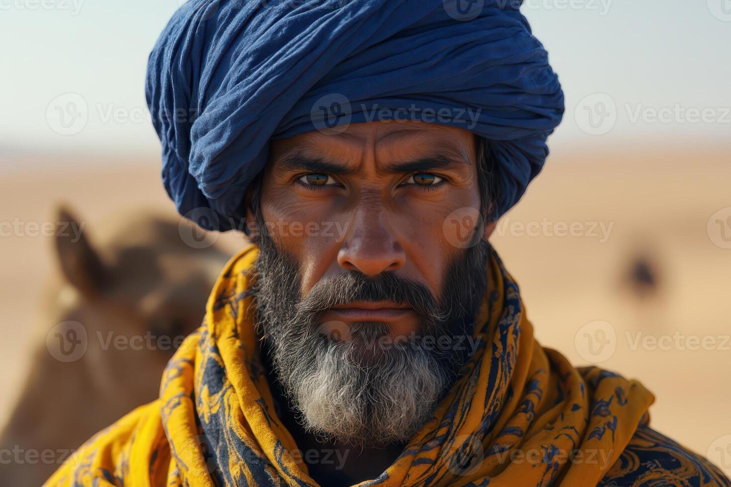 a man with a turban and blue scarf in the desert photo