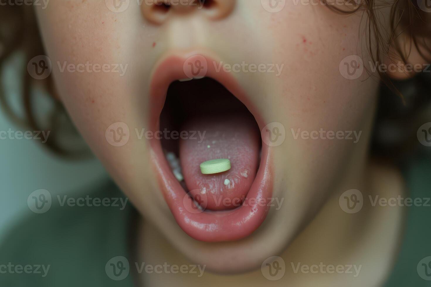 A child's mouth with a pill in it photo