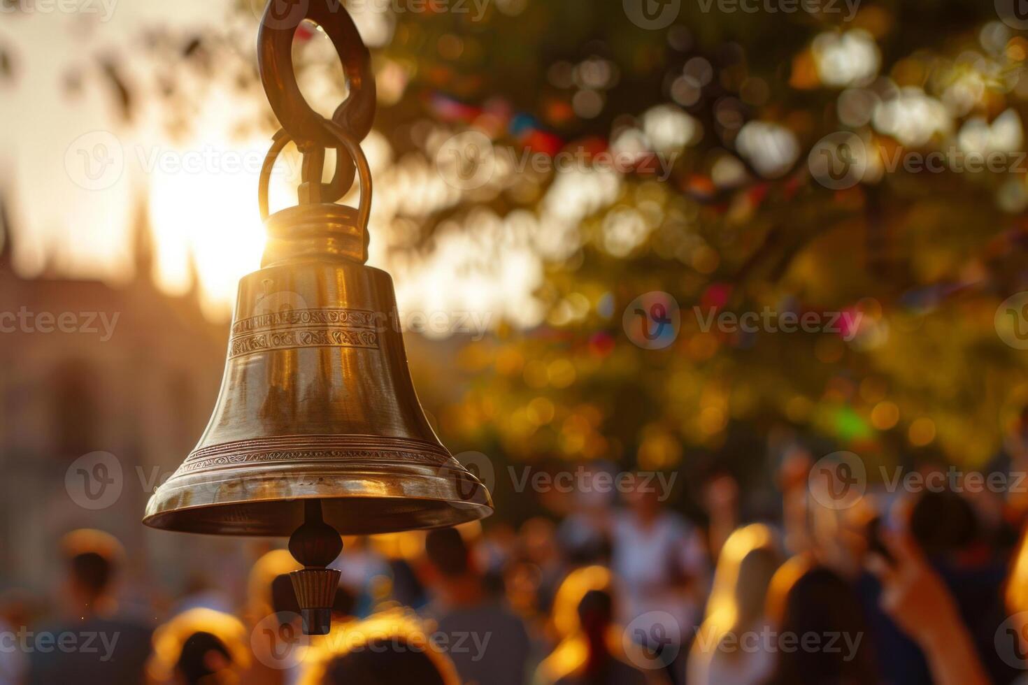 A large bell hanging from a tree in front of a crowd photo