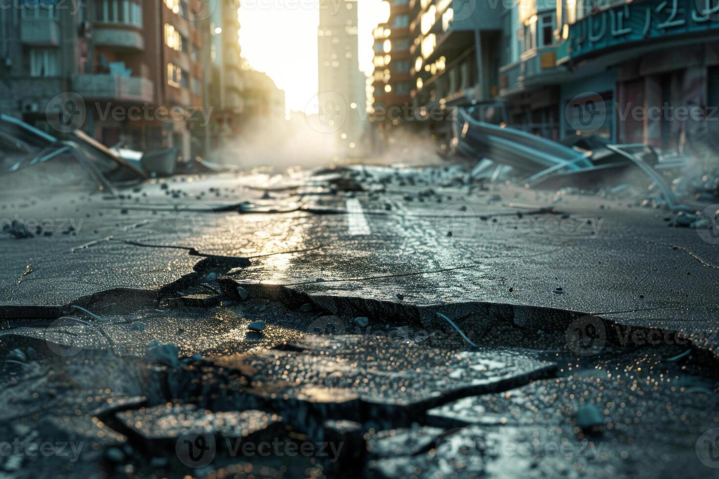 A street with a large crack in it and a lot of debris photo