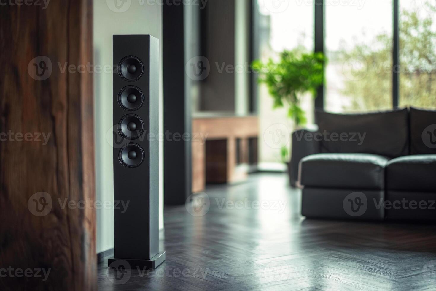 Modern home audio speaker in stylish living room photo
