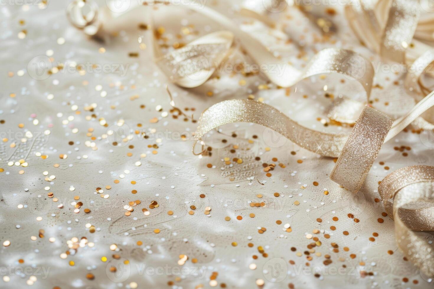 Gold ribbon and gold confetti on a white background photo