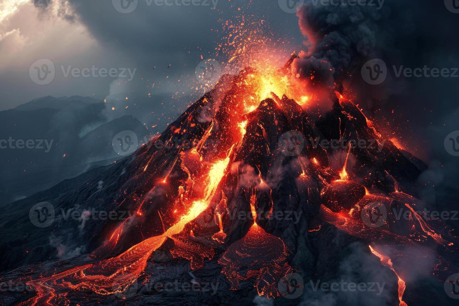 Active volcano erupts, spewing molten lava and dense smoke into sky photo