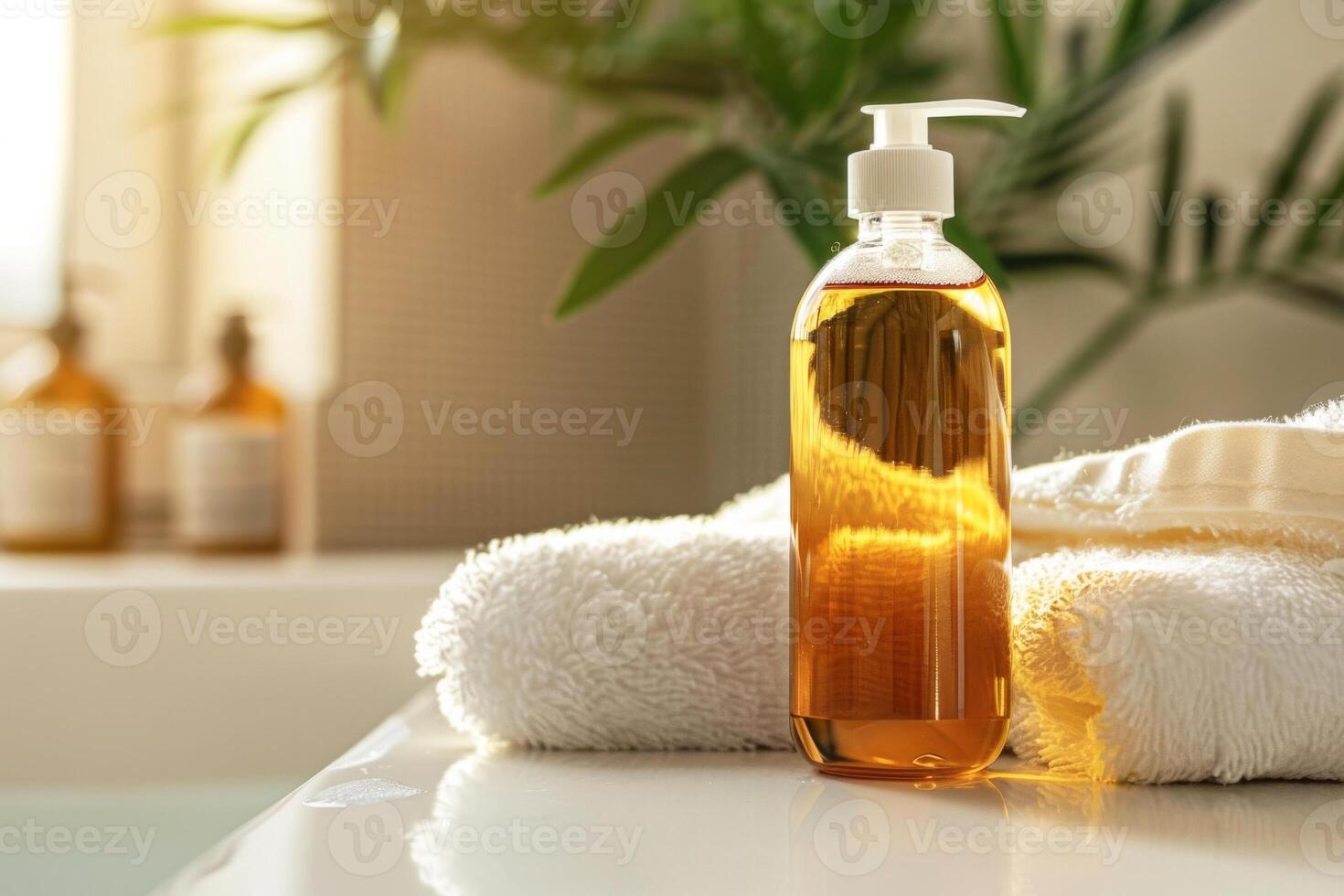 Bottle of pet shampoo and white towel on bathroom counter. Clean and refreshing grooming product for pet care photo