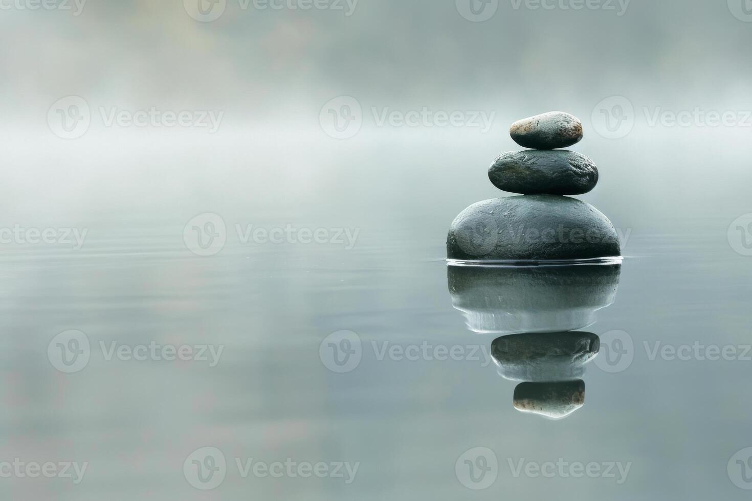 Smooth stones stacked in balance on calm water. Concept of tranquility and harmony photo