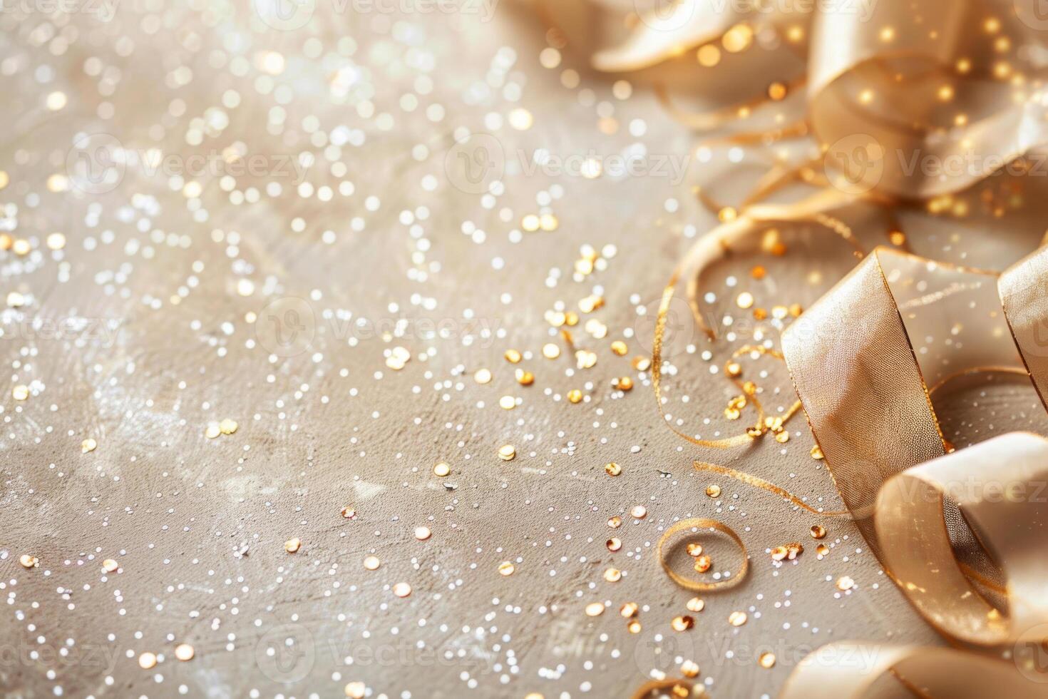 Golden ribbon and gold confetti on a white background photo