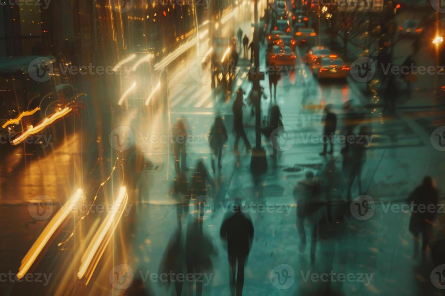 Blurred motion of people walking in city photo