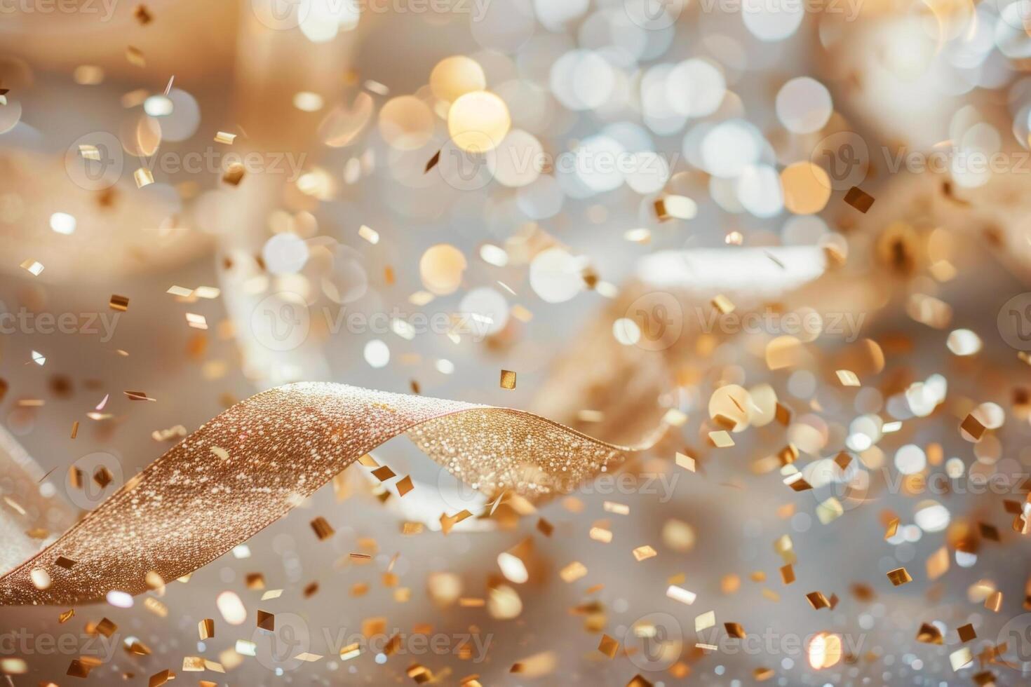 Golden ribbon and confetti on a shiny background photo