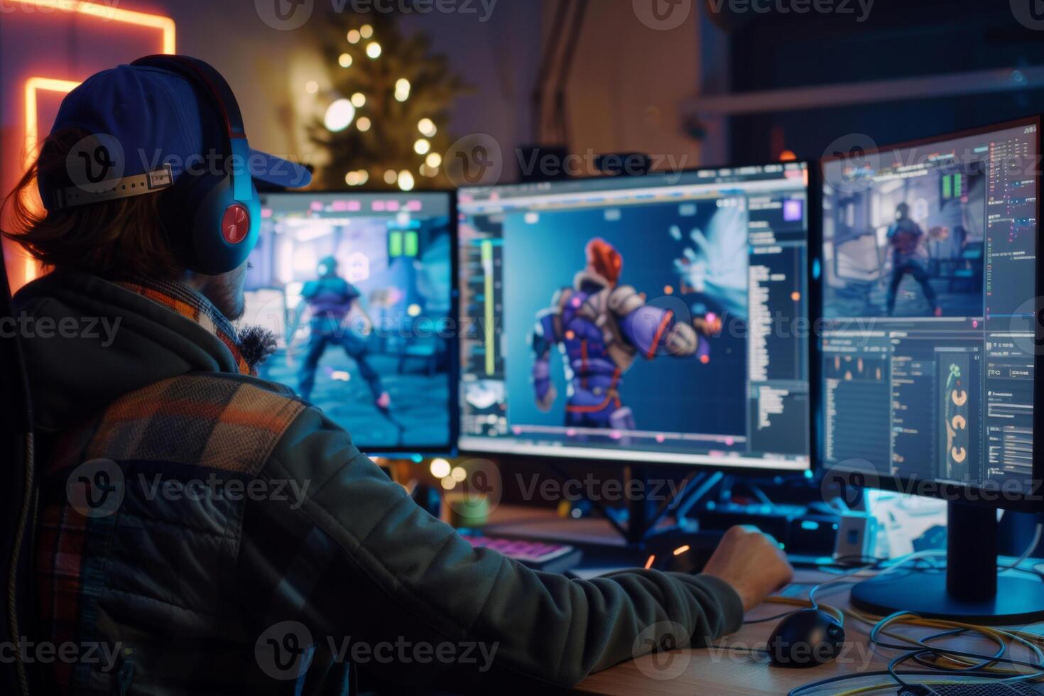 Game developer working on 3D character design in creative studio photo