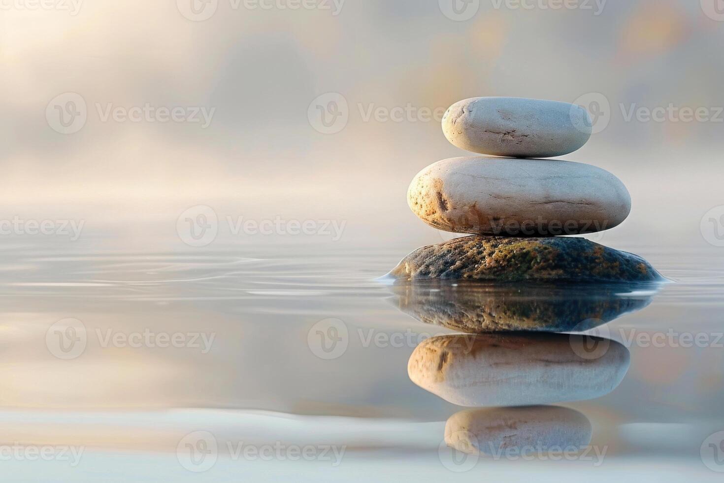 Smooth stones stacked in balance on calm water. Concept of tranquility and harmony in nature photo