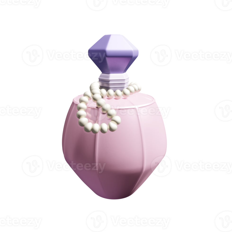 3D illustration of a pink round perfume bottle with a cap with faceted corners and pearl embellishment on a transparent background. 3D render for advertising, website, social media or postcards. png