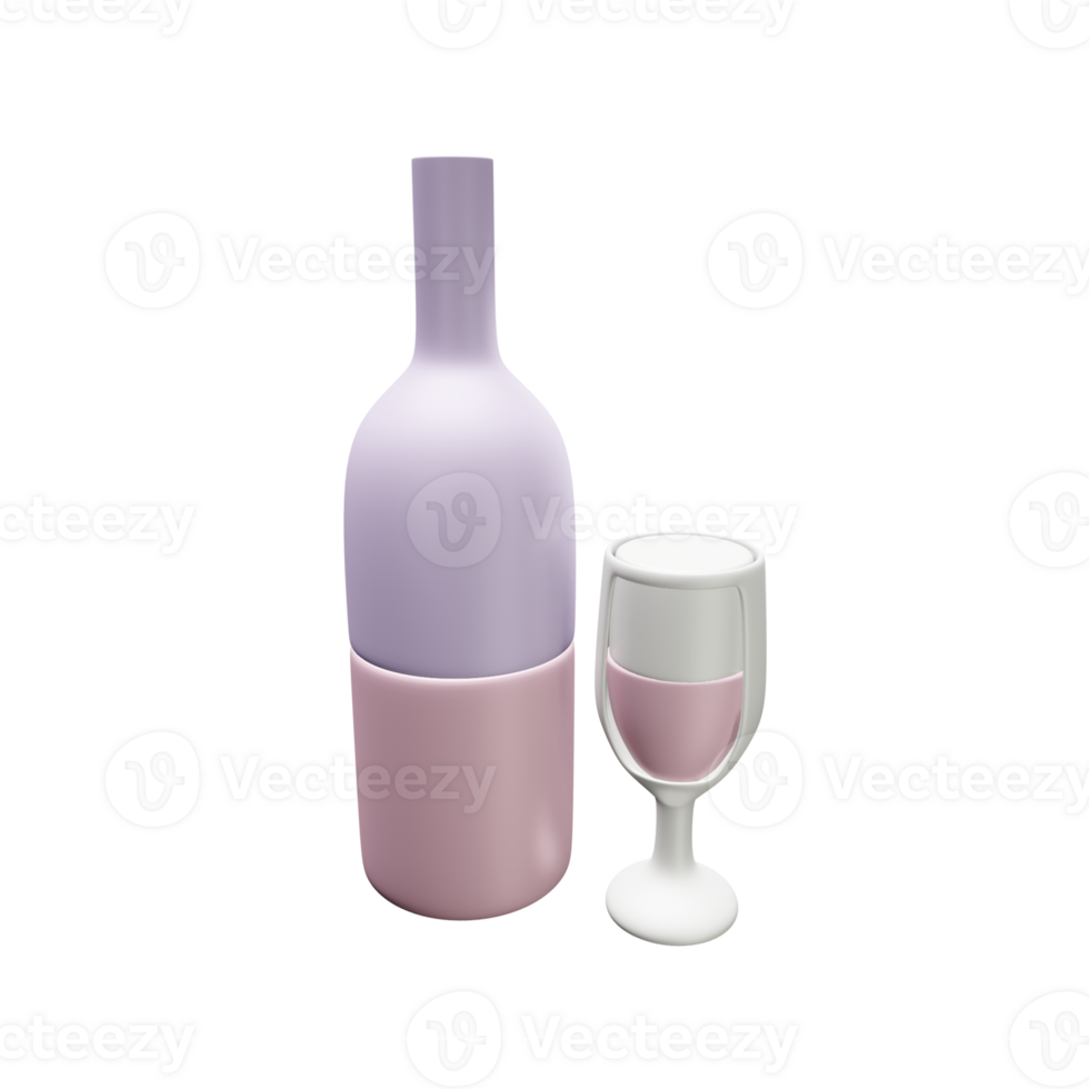 Pink wine bottle with glasses 3D illustration. Cartoon drawing of alcoholic drink bottle, wine glass with pink liquid in 3D style on isolated background. Women's day, mother's day, birthday or more png