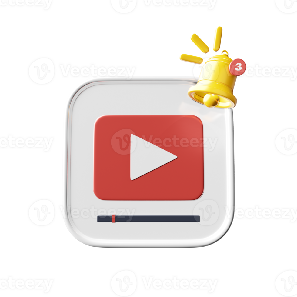 Play icon and bell with notification. 3d render of player with yellow bell with new notification for social media reminder. 3D illustrations. png