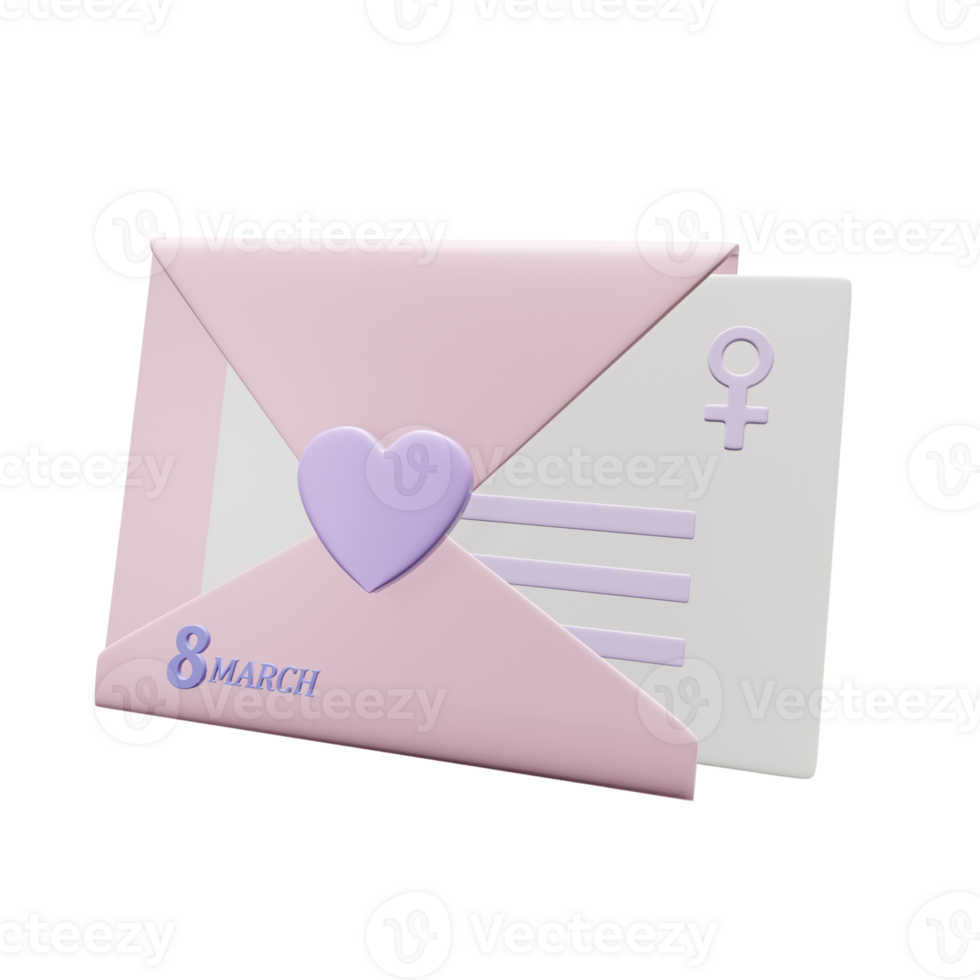 Women's Day Invitation 3D Card. 3d illustration of a heart shaped stamped envelope with a letter inside. png